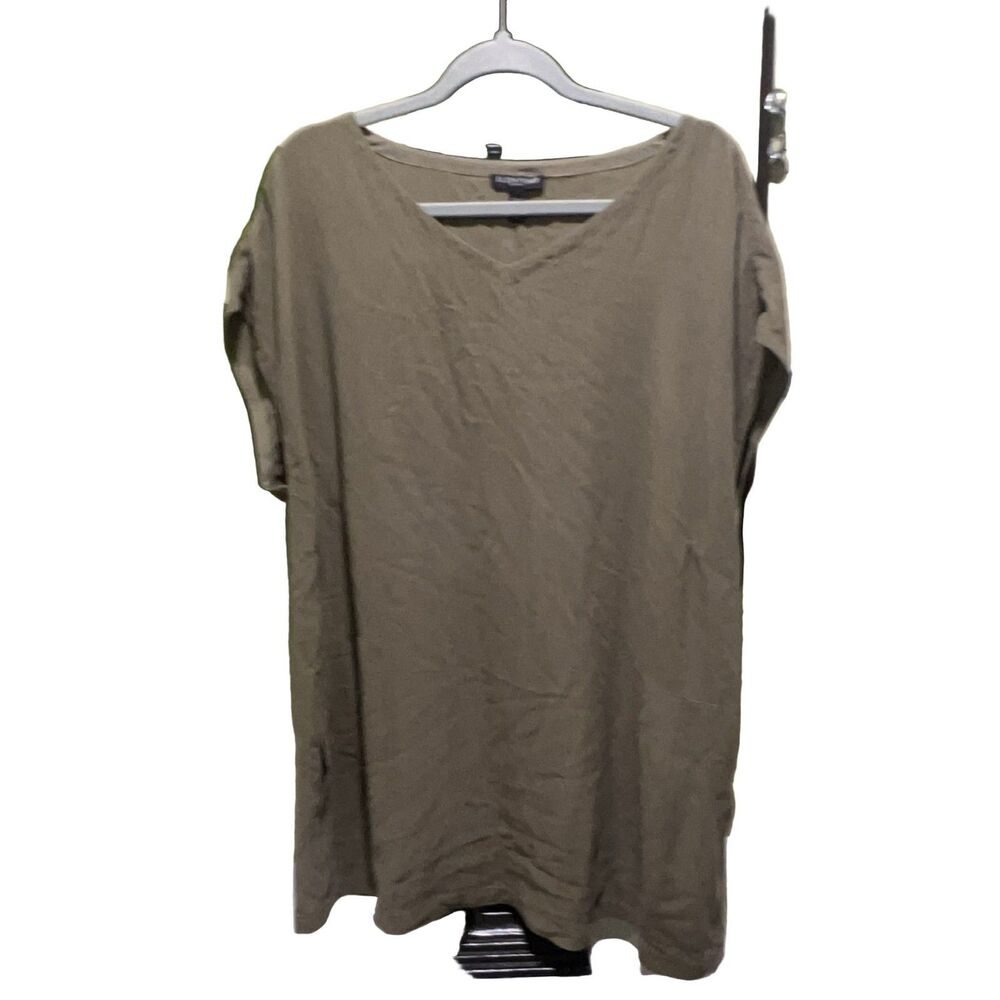 Eileen Fisher V-Neck Short Sleeve Tunic Top Women's 2X Olive Green 100% Silk